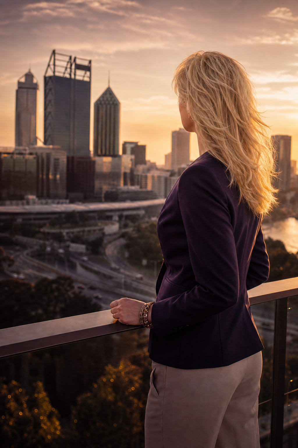 Peta Grant overlooking the Perth city skyline at golden hour