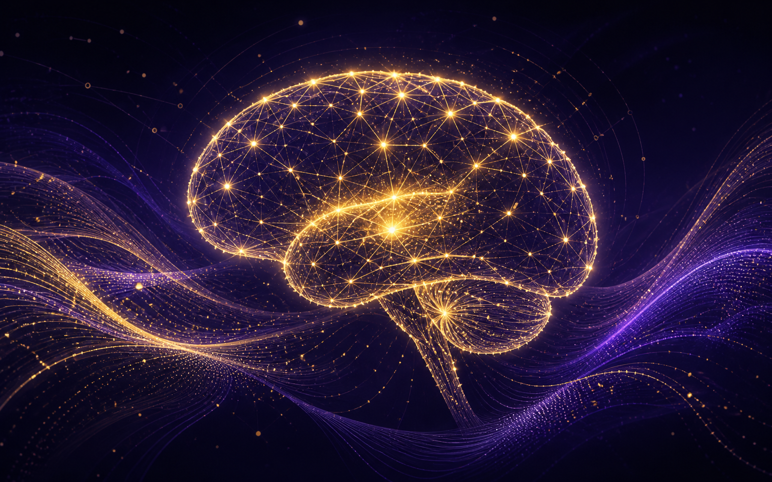 Artificial intelligence — a glowing golden neural-network brain on a deep indigo field with flowing data particles