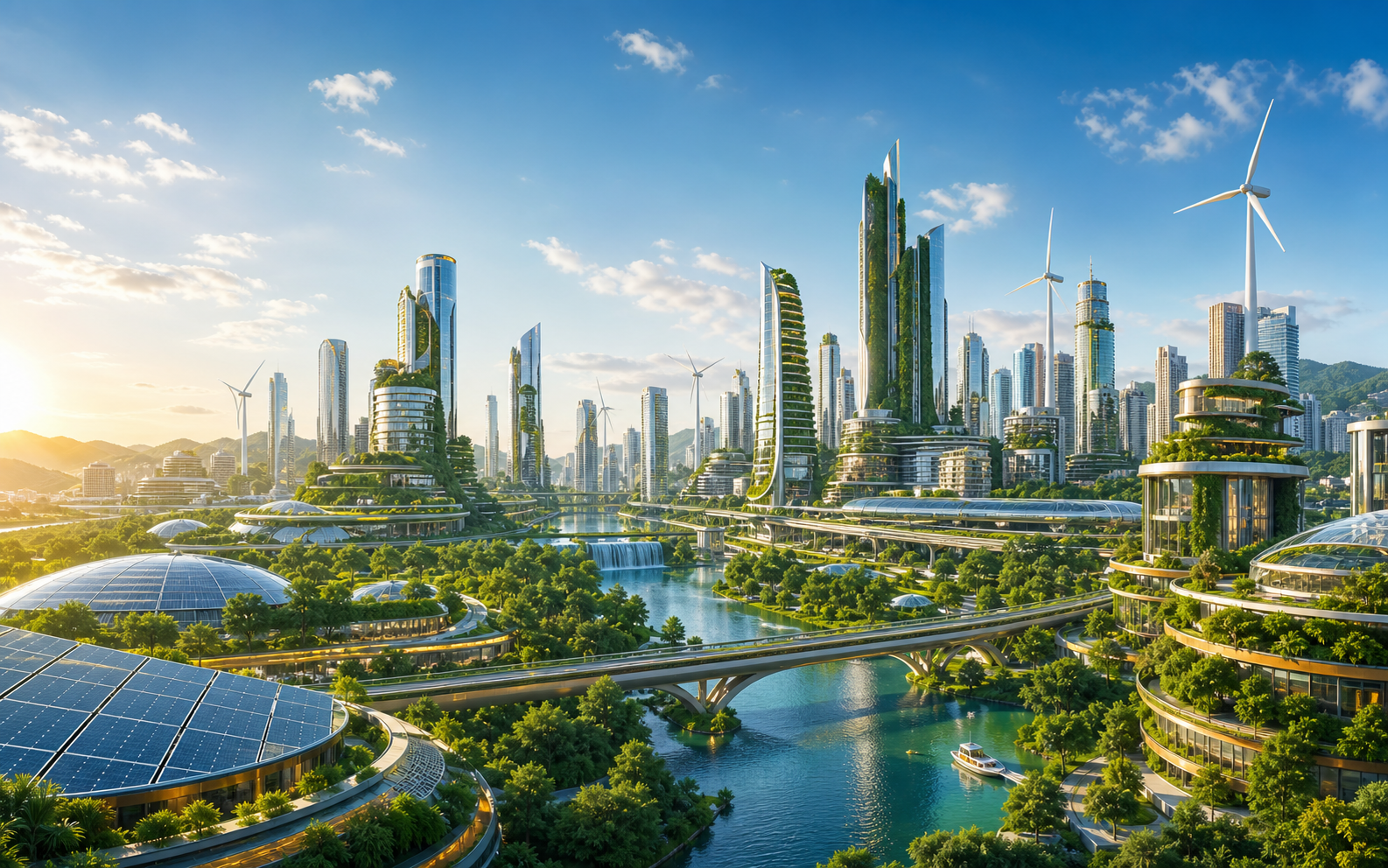 Sustainability — a futuristic green city with solar arrays, wind turbines and greenery-woven towers along a river