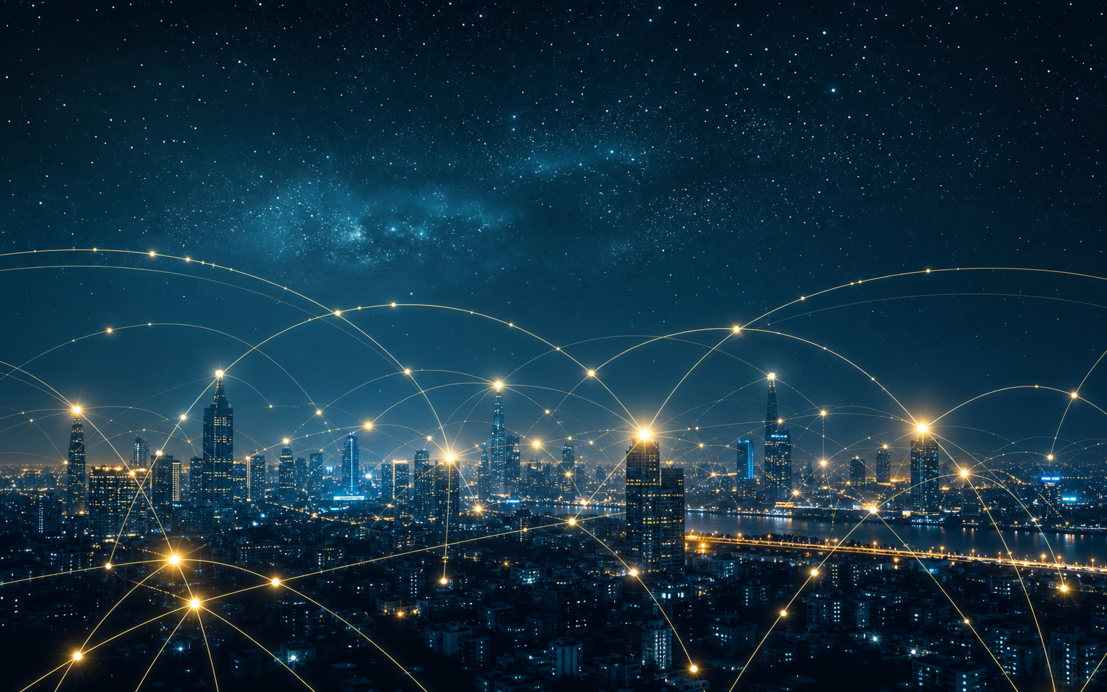 Telecommunications — luminous gold signal arcs linking a starlit night city skyline