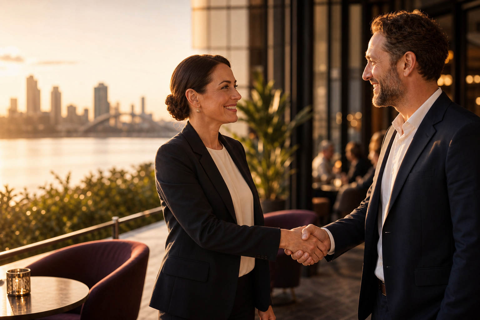 Two professionals sharing a warm handshake at a Perth riverside venue at golden hour