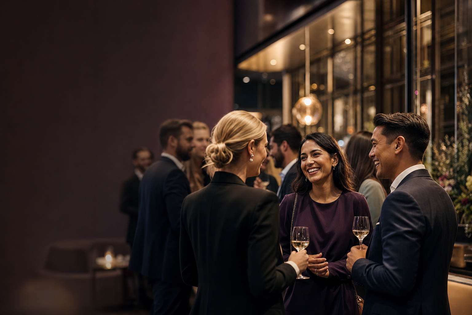 Well-dressed professionals mingling and connecting at an upscale evening networking event